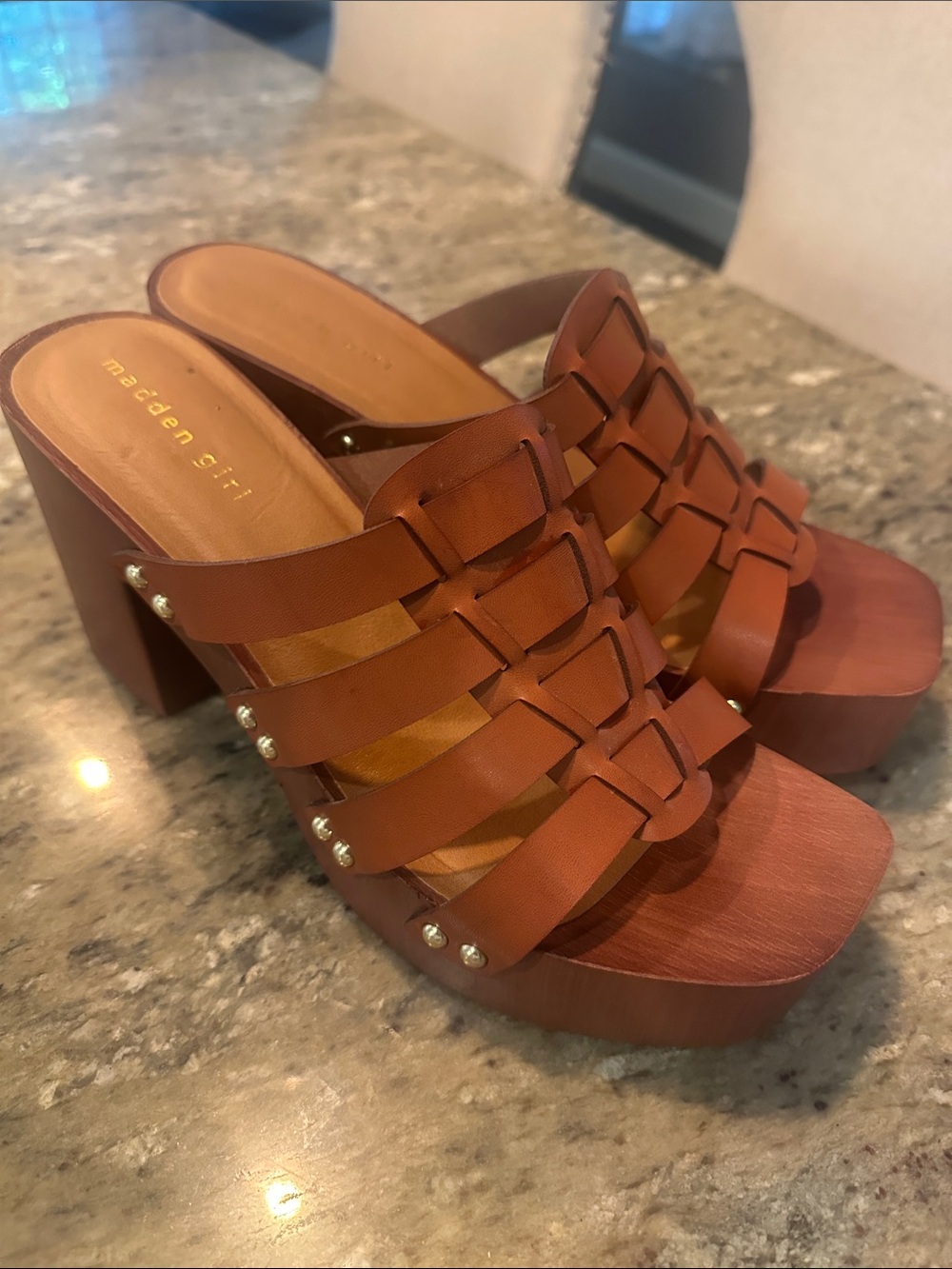 Madden Girl Tan Woven Platform Mule Sandals